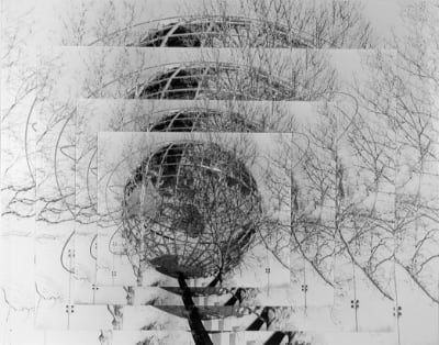 Abstract black-and-white collage showing overlapping frames of bare tree branches layered over a spherical wire-like structure, creating a fragmented, glitch-style composition.